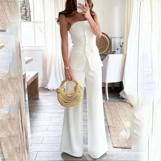 Ensemble Élégance Blanche – Bustier & Pantalon Large